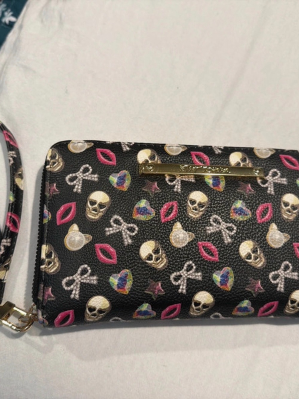 Luv Betsy Black Wristlet Wallet with Colorful Skull & Lip Print